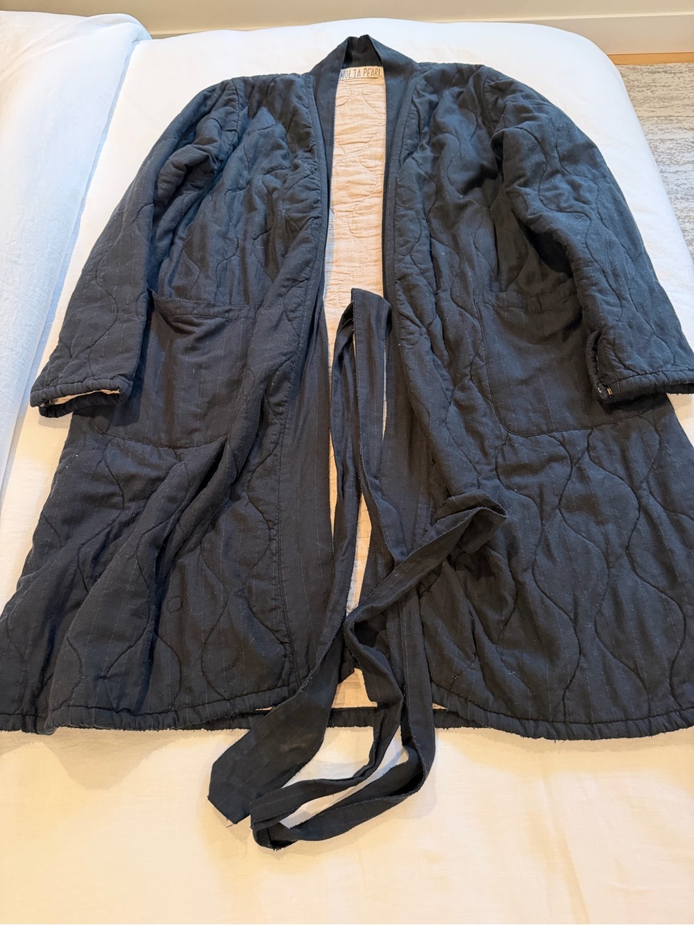 Magnolia Pearl Black Quilted Long Trench Coat with Tie